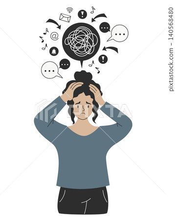 Neurodiversity. Latina Sad Woman Covering Ears from Sensory Overload. Information Chaos and Mental Burnout Concept. Digital Stress and ADHD Symptoms. Minimalist Vector Illustration. Neurodiversity. Latina Sad Woman Covering Ears from Sensory Overload. Information Chaos and Mental Burnout Concept. Digital Stress and ADHD Symptoms. Minimalist Vector Illustration. 140568480