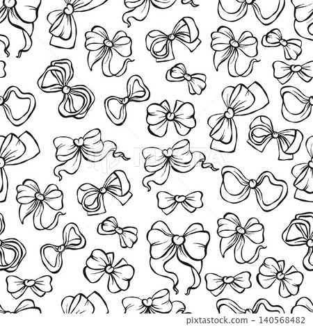 Coquette Aesthetic Seamless Pattern With Black Ribbon Bows On White Background. Trendy Girly Outline Hand Drawn Repeatable Backdrop. Vector Illustration. 140568482