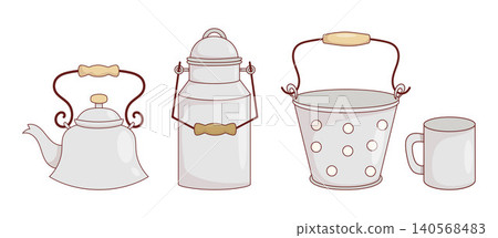 Vintage Metal Kitchenware Set. Retro Tea Kettle, Milk Can, Polka Dot Bucket And Mug. Vector Illustration. Isolated Farmhouse Retro Tableware. 140568483
