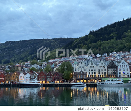 The harbor of Bryggen, a World Heritage site in Bergen, bathed in the twilight. The harbor of Bryggen, a World Heritage site in Bergen, bathed in the twilight. 140568507