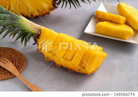 Pineapple, fruit, tropical, leaves, sliced, fresh pineapple fruit. Pineapple, fruit, tropical, leaves, sliced, fresh pineapple fruit. 140568774
