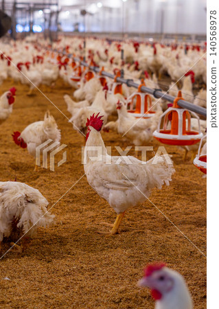 White Broiler Chickens Raised in Poultry Farm House for Commercial Meat Production White Broiler Chickens Raised in Poultry Farm House for Commercial Meat Production 140568978