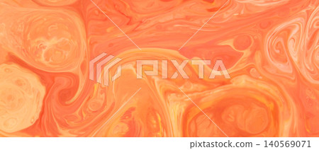 Abstract coral and orange fluid art marble texture with flowing swirl patterns 140569071
