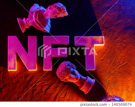 Classical sculpture busts with NFT typography and vibrant neon gradient lighting concept Classical sculpture busts with NFT typography and vibrant neon gradient lighting concept 140569074