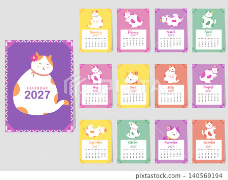 Collection of portrait cat calendar 2027 design,The year of the dog monthly cards templates,Set of 12 month,Vector illustrations. Collection of portrait cat calendar 2027 design,The year of the dog monthly cards templates,Set of 12 month,Vector illustrations. 140569194