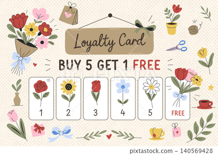 Floral loyalty card with bouquet and reward stamps doodle style Floral loyalty card with bouquet and reward stamps doodle style 140569428