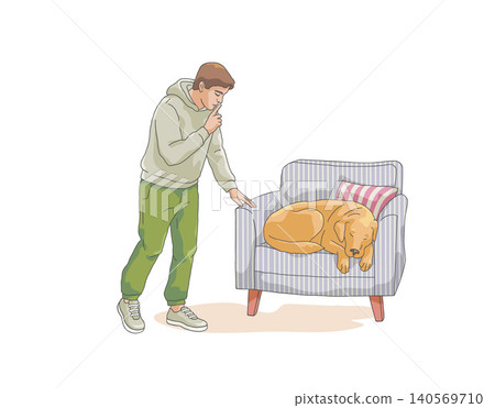 Man making a quiet gesture and asking others not to disturb a sleeping pet dog resting in a comfortable armchair. Cozy home life and pet owner relationship concept. Man making a quiet gesture and asking others not to disturb a sleeping pet dog resting in a comfortable armchair. Cozy home life and pet owner relationship concept. 140569710