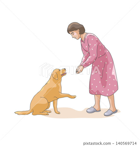 Pet owner teaching obedience commands and rewarding her dog with a treat. Positive reinforcement dog training concept. 140569714
