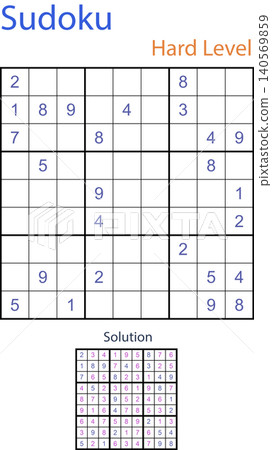 Hard level sudoku math logic puzzle 9x9 grid game worksheet with answer key vector Hard level sudoku math logic puzzle 9x9 grid game worksheet with answer key vector 140569859