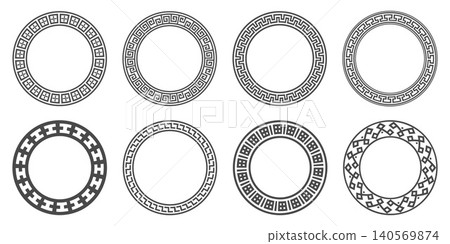 Circular Greek pattern frame with Roman ornament and meander motif. Round vector border rings set in ancient geometric neoclassical style. Circular Greek pattern frame with Roman ornament and meander motif. Round vector border rings set in ancient geometric neoclassical style. 140569874