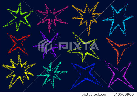 Irregular bitmap star shapes. Abstract vector random spiky sparks with geometric funky flashes and rays. Y2k retro sparkles Irregular bitmap star shapes. Abstract vector random spiky sparks with geometric funky flashes and rays. Y2k retro sparkles 140569900