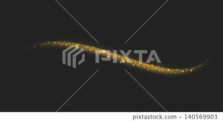 Golden glitter. Wave with dust and stars on black background. Swirl vector glowing line with sparkles effect. Magic shiny yellow confetti and sequins. Abstract textured flow 140569903