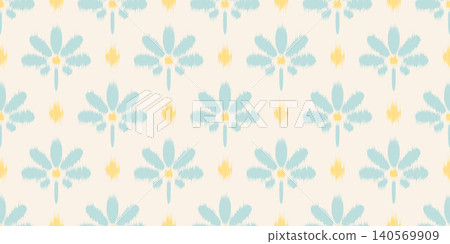 Ikat floral ethnic seamless pattern. Vector batik textured background with daisy flowers. Rug watercolor motif for textile and fabric. Oriental cute decorative illustration Ikat floral ethnic seamless pattern. Vector batik textured background with daisy flowers. Rug watercolor motif for textile and fabric. Oriental cute decorative illustration 140569909