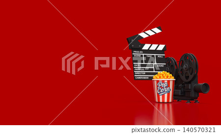 Creative Cinema Night With Popcorn And Vintage Film Equipment 3d render. 140570321
