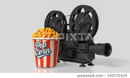 Classic Movie Night With Popcorn And Vintage Film Camera 3d render. Classic Movie Night With Popcorn And Vintage Film Camera 3d render. 140570324