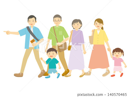 An illustration of a family of six in summer clothes going out. An illustration of a family of six in summer clothes going out. 140570465