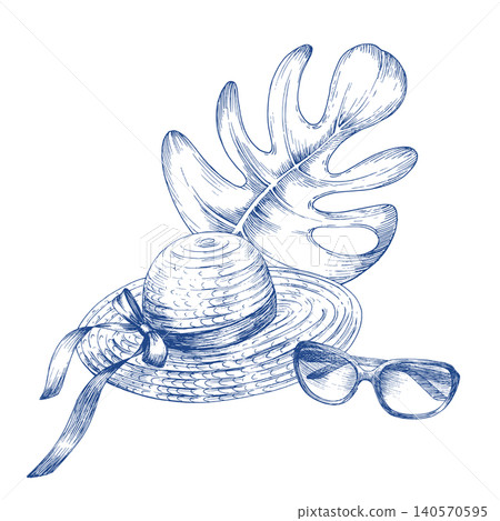 Straw hat, sunglasses and monstera leaf. Handmade ink illustration. For design of cards, cover, prints, product labels and fabric. Straw hat, sunglasses and monstera leaf. Handmade ink illustration. For design of cards, cover, prints, product labels and fabric. 140570595