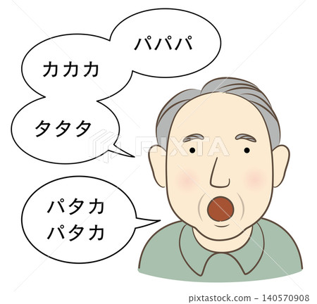 插圖描繪了一位老年男子進行口腔功能訓練中的 Pataka 練習。 插圖描繪了一位老年男子進行口腔功能訓練中的 Pataka 練習。 140570908