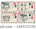 Vintage Christmas Postcard set with Holiday Ornaments and Stamps	 140571178