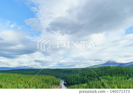 加拿大育空地區懷特霍斯附近泰加林和育空河的景色。 加拿大育空地區懷特霍斯附近泰加林和育空河的景色。 140571373