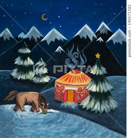 A New Year's illustration depicting a starry winter night in the mountains. A Christmas tree stands amidst snowdrifts near a yurt, and a horse grazes nearby. The house is decorated with an ornament. 140571382