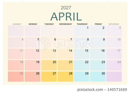 April 2027 Colorful calendar page isolated on white background. 140571689
