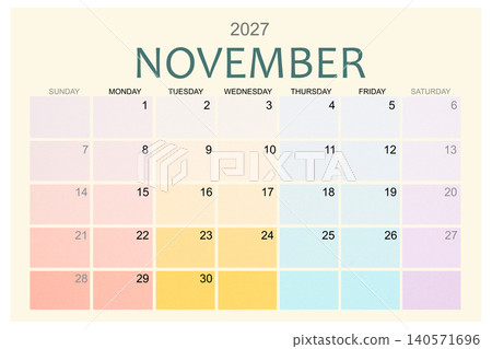 November 2027 Colorful calendar page isolated on white background. November 2027 Colorful calendar page isolated on white background. 140571696