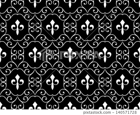 Wallpaper in the style of Baroque. White and black floral ornament. Seamless vector background. Graphic pattern for fabric, wallpaper, packaging. Ornate Damask flower illustration. Wallpaper in the style of Baroque. White and black floral ornament. Seamless vector background. Graphic pattern for fabric, wallpaper, packaging. Ornate Damask flower illustration. 140571728
