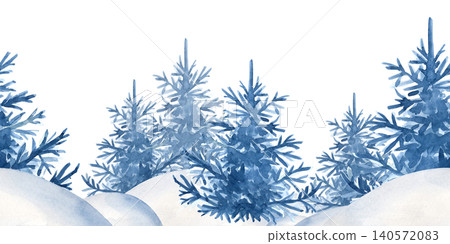 Watercolor winter forest seamless horizontal border. Hand-drawn blue pine trees in snow hills illustration isolated on white background. For Christmas greeting cards, seasonal banners, holiday ribbons Watercolor winter forest seamless horizontal border. Hand-drawn blue pine trees in snow hills illustration isolated on white background. For Christmas greeting cards, seasonal banners, holiday ribbons 140572083