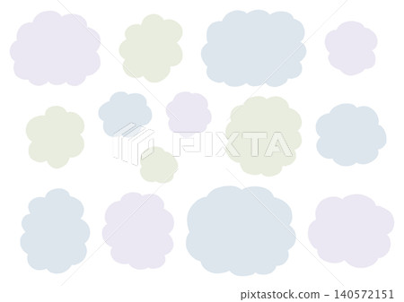 A set of hand-drawn, solid-color shapes (blue-gray, green, purple) that resemble fluffy clouds of various sizes. 140572151