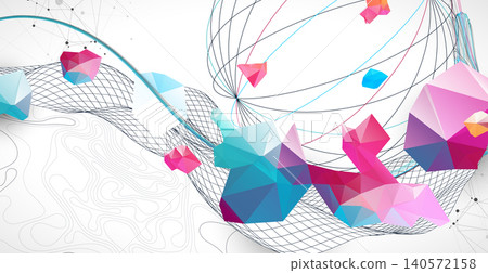 Abstract art background with scientific geometric concepts colorful low poly crystals and delicate wave lines. Vector Abstract art background with scientific geometric concepts colorful low poly crystals and delicate wave lines. Vector 140572158