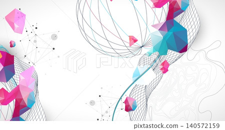 Abstract art background with scientific geometric concepts colorful low poly crystals and delicate wave lines. Vector 140572159