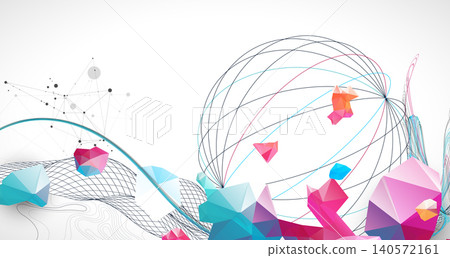 Abstract art background with scientific geometric concepts colorful low poly crystals and delicate wave lines. Vector Abstract art background with scientific geometric concepts colorful low poly crystals and delicate wave lines. Vector 140572161