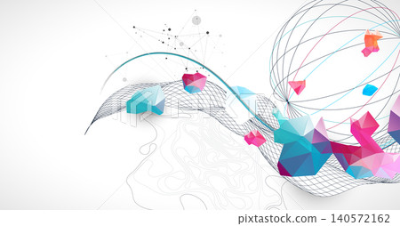 Abstract art background with scientific geometric concepts colorful low poly crystals and delicate wave lines. Vector Abstract art background with scientific geometric concepts colorful low poly crystals and delicate wave lines. Vector 140572162