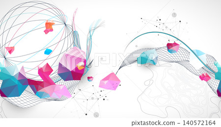 Abstract art background with scientific geometric concepts colorful low poly crystals and delicate wave lines. Vector Abstract art background with scientific geometric concepts colorful low poly crystals and delicate wave lines. Vector 140572164