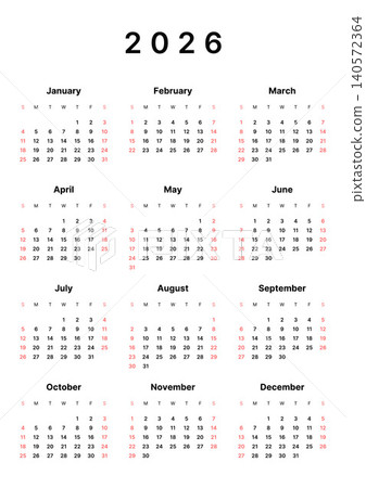 Annual calendar template, one page, Sunday start. Annual calendar template, one page, Sunday start. 140572364