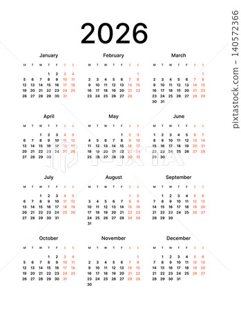 Annual calendar template, one page, Monday start. Annual calendar template, one page, Monday start. 140572366
