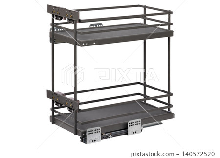 Metal storage rack with two shelves for organizing items in a kitchen or workshop space Metal storage rack with two shelves for organizing items in a kitchen or workshop space 140572520