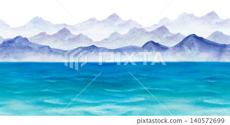 Watercolor horizontal seamless border with mountain ridges and ocean. Hand-drawn blue sea landscape illustration on isolated background Watercolor horizontal seamless border with mountain ridges and ocean. Hand-drawn blue sea landscape illustration on isolated background 140572699