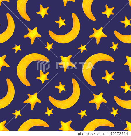 Colored pencil moon and stars seamless pattern. Hand-drawn night sky ornament on dark blue background. For kids nursery wallpaper, baby apparel, bedtime textiles, pajamas, or lullaby themed designs. 140572714