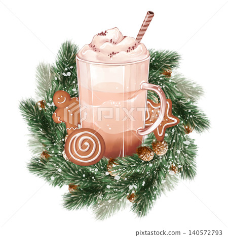 Isolated Christmas illustration of Hot Coffee Mug, surrounded by hand-drawn pine branches, gingerbread cookies, and snow Isolated Christmas illustration of Hot Coffee Mug, surrounded by hand-drawn pine branches, gingerbread cookies, and snow 140572793