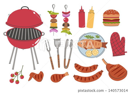 A set of stylized grill elements and food for a barbecue party. Vector graphics. A set of stylized grill elements and food for a barbecue party. Vector graphics. 140573014