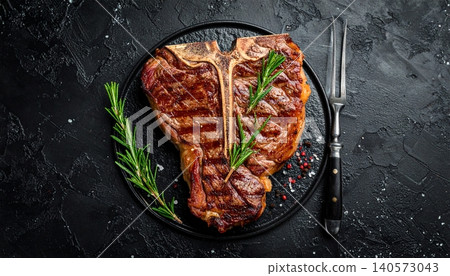 Steak with rosemary on a black background. Top view 140573043