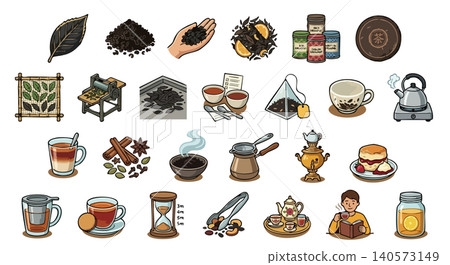 Tea production process and brewing culture detailed icons set Tea production process and brewing culture detailed icons set 140573149