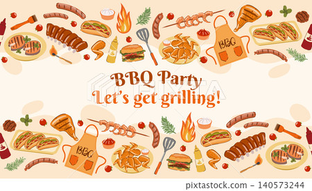 This vector BBQ party invitation banner with text and grilling food elements. Barbecue infinity frame, poster. This vector BBQ party invitation banner with text and grilling food elements. Barbecue infinity frame, poster. 140573244