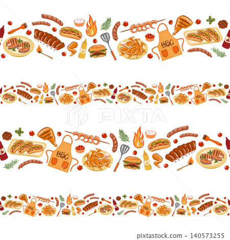 This seamless borders set features a hand-drawn illustration of BBQ food and grilling elements over a white background. This seamless borders set features a hand-drawn illustration of BBQ food and grilling elements over a white background. 140573255