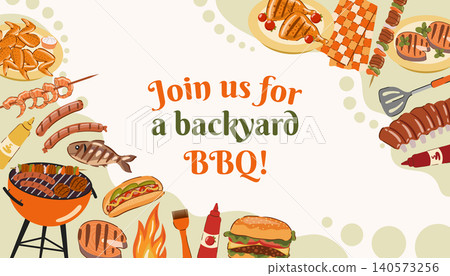 This vector backyard BBQ invitation card with grill food illustrations. Barbecue card or poster with liquid organic frame. This vector backyard BBQ invitation card with grill food illustrations. Barbecue card or poster with liquid organic frame. 140573256