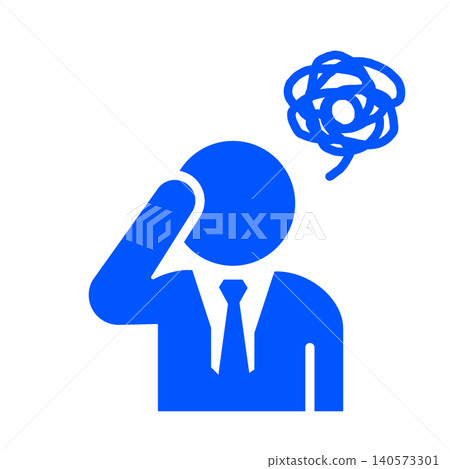 A pictogram (blue) of a businessman struggling with worries and stress. A pictogram (blue) of a businessman struggling with worries and stress. 140573301