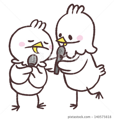 兩隻白鳥拿著麥克風的插圖。 兩隻白鳥拿著麥克風的插圖。 140573818