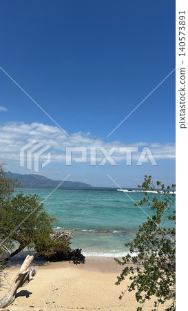 A pristine tropical beach with turquoise seas and clear blue skies. 140573891